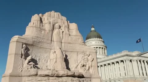 Utah State Capital building with Mormon Battalion Monument HD 4661 Stock Footage 12721076