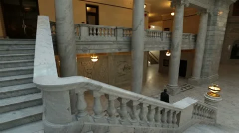Utah State Capital pan across stairs man walks away HD 4755 Stock Footage 12722190