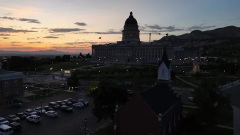 Utah State Capitol Building aerial Sunset approach cpast upola Stock Footage 313847053