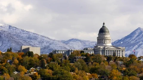 Utah State Capitol Building Rotunda with snowy Wasatch Mountains in background. Stock Footage 99052885