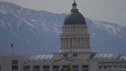 Utah State Capitol In Front Of Snow Peak Mountains Video stock 117058018