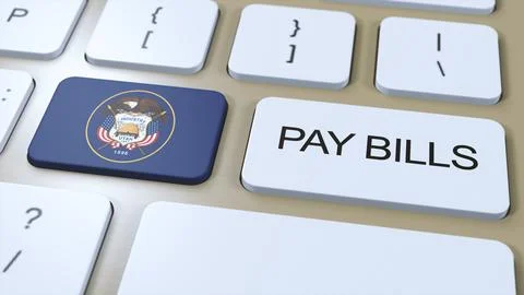 Utah State Flag and Pay Bills Text on Button 3D Illustration Illustrazione stock