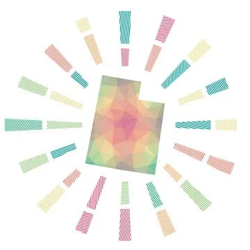 Utah sunburst. Low poly striped rays and map of the us state. Radiant vecto.. Stockillustratie