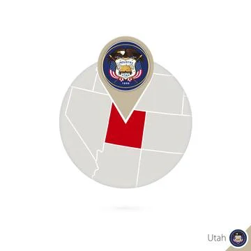 Utah US State map and flag in circle. Map of Utah, Utah flag pin. Map of Ut.. Stock Illustration