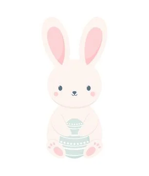 ?ute Easter bunny sitting and holding an Easter egg in his paws Stock Illustration