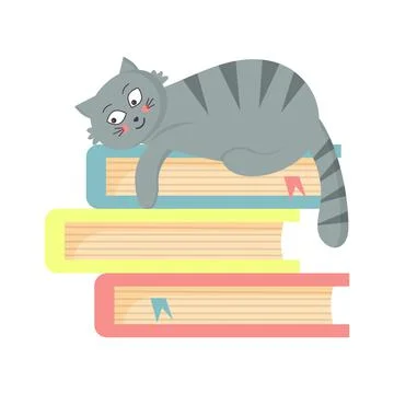 ?ute fat cat lying down on the books. Reading and education concept. Illustrazione stock