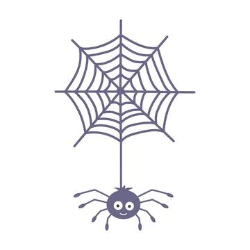 ?ute spider hanging on spider web. Halloween character with big eyes and smil Stock Illustration