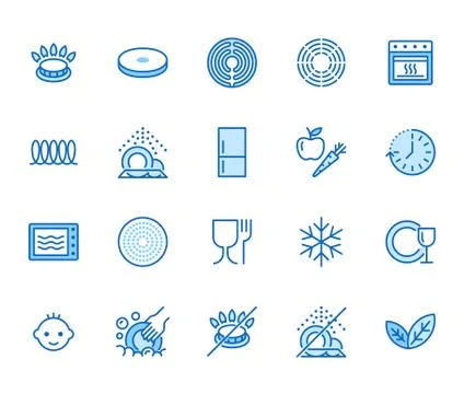 Utensil flat line icons set. Gas burner, induction stove, ceramic hob, non-stick Stock Illustration