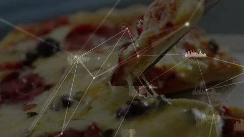 Utensil sliding under pizza slice, lifting cheese while HUD graphs tracking Stock Footage 333035320