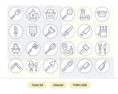 Utensil Vector Icon Collection featuring 24 Grid Fitted High Resolution Thi.. Stock Illustration