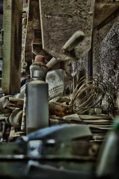 Utensiles and objects in a abandoned workshop HDR Stock Photos