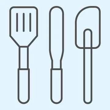 Utensils gadgets thin line icon. Cooking tools, skraber, knife and spatula. Home Stock Illustration