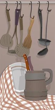 Utensils for kitchen. Kitchen tools. Set. kitchenware. Potato grinder. Vector. Illustrazione stock