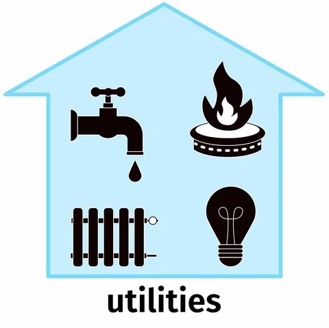 Utilities, bill payment. Vector house with gas, electricity, water, heating 库存插图