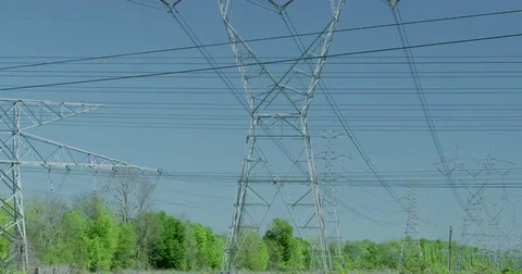 Utilities electrical grid powerlines tilt up with blue sky Stock Footage 74487827
