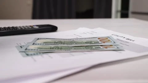 Utility Bill Payment with Cash, banking and finance management, document an.. Stock Footage 303802490