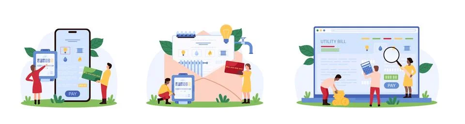 Utility bill payment set, tiny people pay for electricity, gas and water Illustrazione stock