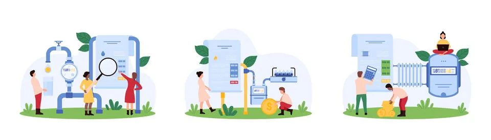 Utility bill payment set, tiny people study paper bill for heating, gas and Illustrazione stock