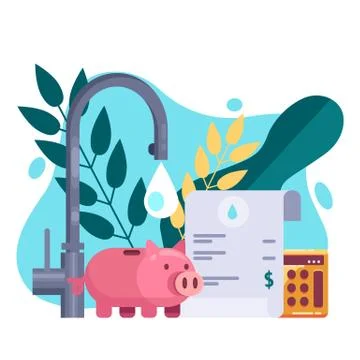 Utility bills and saving resources concept. Vector flat illustration. Water i Stock Illustration