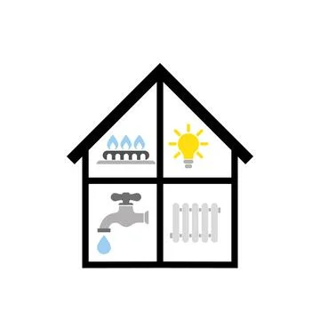 Utility bills icons in flat style in house sign: water, gas, lighting, heating. Stock Illustration