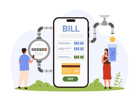 Utility bills in smartphone app, tiny people check readings to pay for water 스톡 일러스트