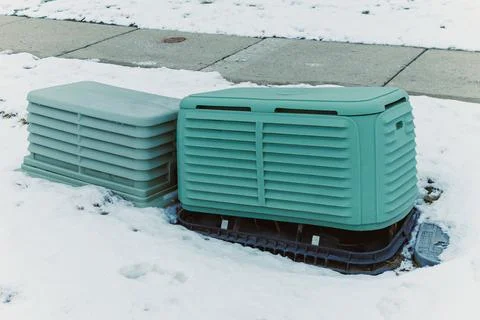 Utility boxes sit on a snowy sidewalk in a suburban neighborhood on a quiet.. Stock Photos