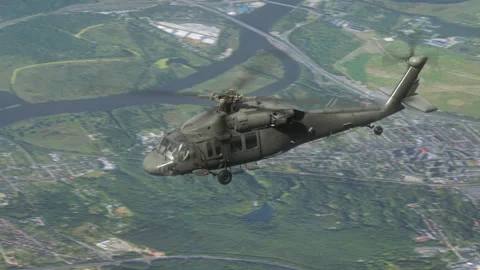 The utility helicopter flies high in the sky. Stock Footage 218381421