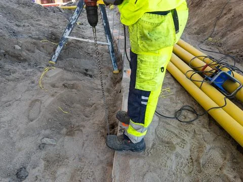 Utility installation during public transportation infrastructure project Stock Photos