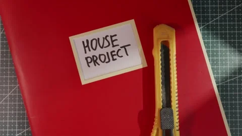Utility knife placed next to House Project red folder Stock Footage 341269421