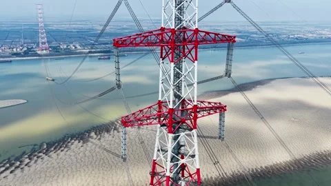 Utility pole consist of steel structure framing to support carry high-voltage Stock Footage 326063031