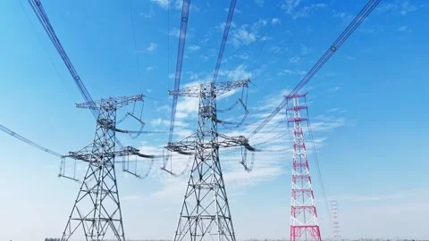 Utility pole consist of steel structure framing to support carry high-voltage Stock Footage 326064172