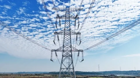 Utility pole consist of steel structure framing to support carry high-voltage Stock Footage 326064418