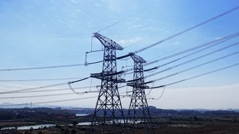 Utility pole consist of steel structure framing to support carry high-voltage Stock-Footage 326064926