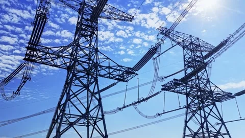 Utility pole consist of steel structure framing to support carry high-voltage Stock Footage 326065119