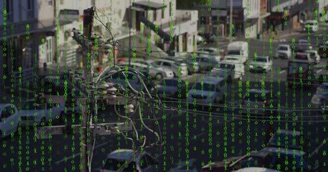 Utility pole displaying transformer and cables in parking lot, green binary Foto stock