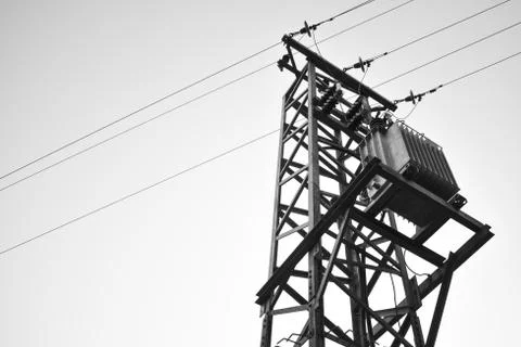 Utility pole with overhead power lines and transformer Foto stock