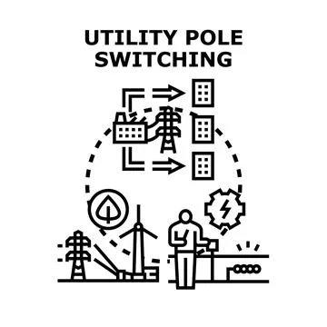 Utility pole switching controlling power distribution grid Stock Illustration