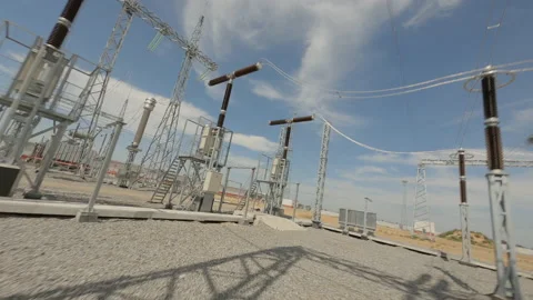 Utility poles and generators on power station Stock Footage 140530407