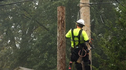 Utility Repair Man Removing A Section of Pole with Chainsaw Video stock 97069666