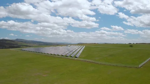 Utility scale agrivoltaic system outside Medven, Bulgaria. Panoramic aerial Stock Footage 108869460