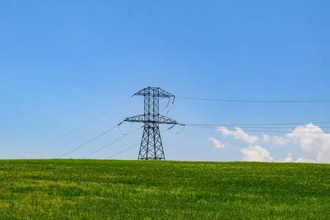 Utility tower rises above flowering meadow beneath bright sunny sky 写真素材