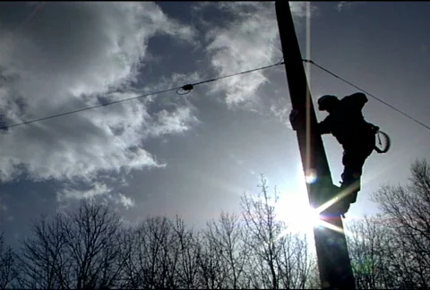 Utility Worker Climbs Pole 078 Stock Footage 488177