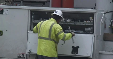 Utility Worker Getting Tools Out Of Truck Stock Footage 81006405