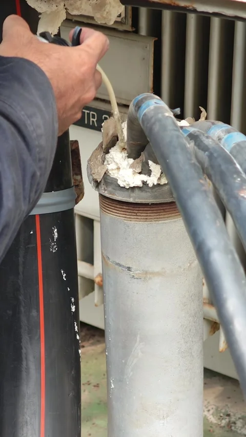 Utility worker injecting expanding foam to seal hole during underground cab.. Video stock 333391987