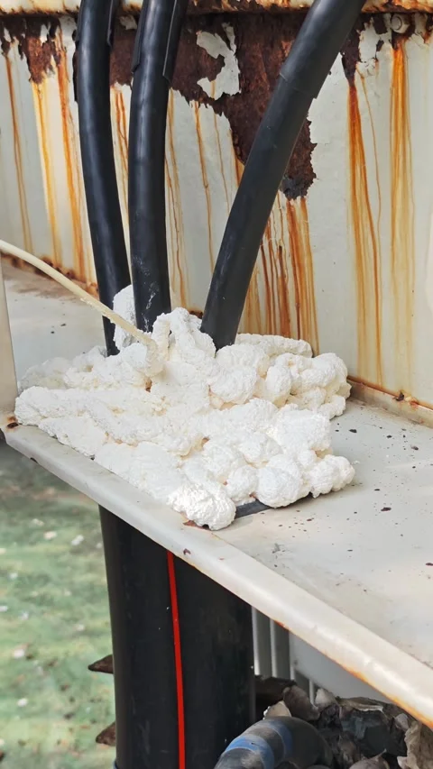 Utility worker injecting expanding foam to seal hole during underground. Video stock 333392009
