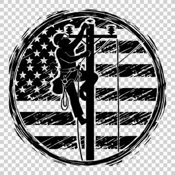 Utility Worker On Pole With Flag climbing American harness Stock Illustration