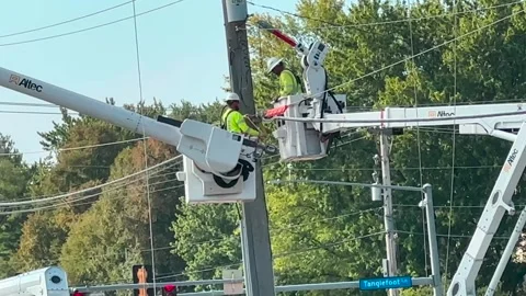 Utility Workers in Bucket Trucks Working on Lines - Medium Shot Stock Footage 251815702