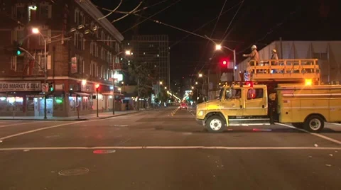 Utility Workers Inspect Overhead Wires in SF Part 1 Stock-Footage 10749884