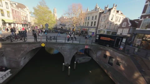 Utrecht, Holland - 04 06 2025: Drone Captures Canal Vibe and Riverside Life Stock Footage 309474341