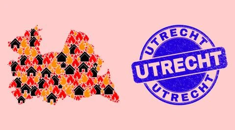 Utrecht Province Map Collage of Fire and Realty and Scratched Utrecht Seal Stamp Ilustração Stock